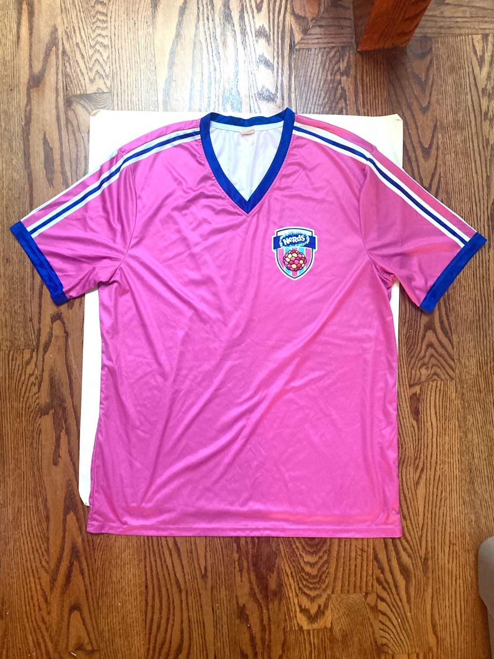 Pink Nerds V-Neck Adult Soccer Jersey with Blue Trim